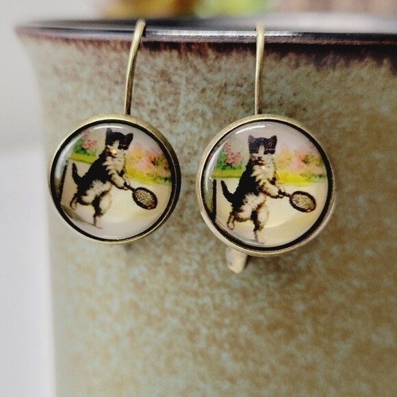 Vintage-style Playful Cat earrings Glass Cabochon Jacket Copper Alloy earrings - Picture 8 of 8